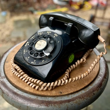 Vintage 1950s Bell System for Western Electric Black Rotary Dial Desk Phone Mid-Century Modern Prop Untested Mr Yuck Sticker Icon Classic 