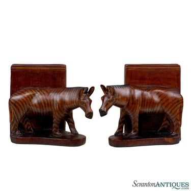 Vintage African Mahogany Carved Figural Zebra Library Bookends - A Pair