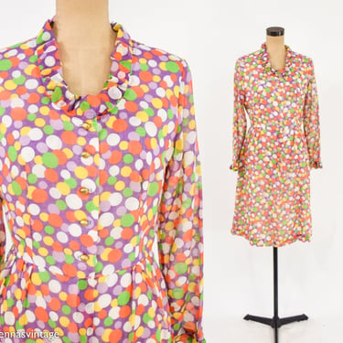 1960s Orange Print Ruffle Collar Dress | 60s Orange Polka Dot Dress | NPC Fashions USA | Medium 