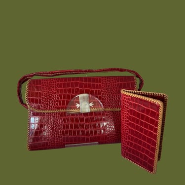 LATER GATOR 1940's Faux Red Gator Purse | Two Piece Vintage Handbag Set with Lucite Buckle 