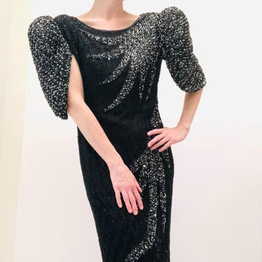 80s 90s Vintage Sequin Dress Black silver Size Large // Vintage Black Silver Sequin beaded Evening Gown Dynasty Pageant Dress Gown Large XL 