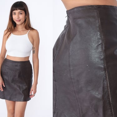 Brown Leather Mini Skirt 90s Pencil Skirt Retro Glam Skirt Party Hugo Buscati High Waisted Clubwear Vintage 1990s Medium 8 28 