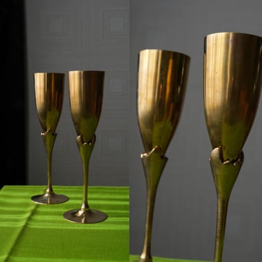 Vintage 70s Brass Fluted Champagne Stem Glasses | Set of 2 | Wedding, Dining, Celebration | 1960s 1970s Designer Wine Flute Glasses 