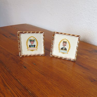 Vintage Pair Ceramic Wall Pocket Vases- Old Fashioned Mother & Father 