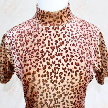 Vintage 90s Velvet Mockneck Shirt, 1990s Animal Print Top, Short Sleeve, Leopard, Blouse, Stretchy, Slinky 