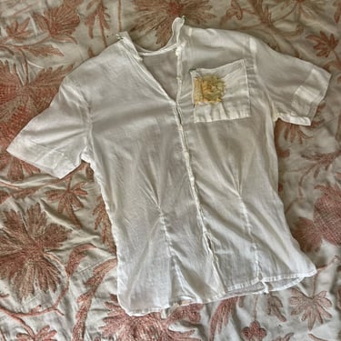Vintage 1930s White Cotton Blouse Flower Appliqué Pocket Bodice Dress Top 1940s