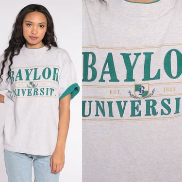 Baylor University Shirt 90s University Tshirt Cuffed Sleeve College Shirt Graphic T Shirt Retro Tee Waco Texas Shirt Vintage Grey Large L 