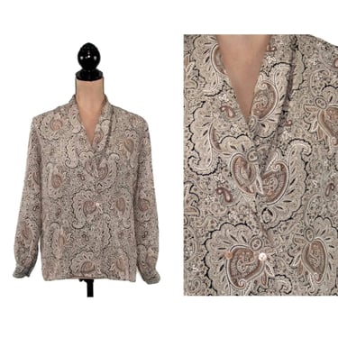 80s Paisley Blouse Medium Petite, Shawl Collar Double Breasted Polyester Long Sleeve Shirt, Baroque Print 1980s Clothes Women Vintage Size 8 
