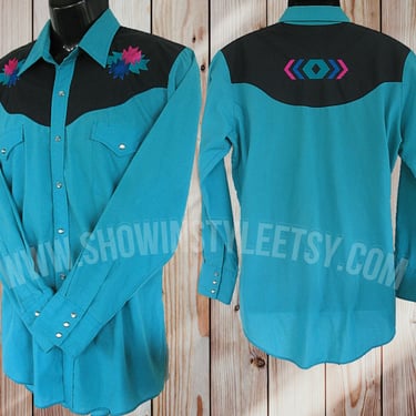 Ely Diamond Vintage Retro Western Men's Cowboy Shirt, Turquoise with Southwestern Embroidered Designs, Tag Size XL (see meas. photo) 