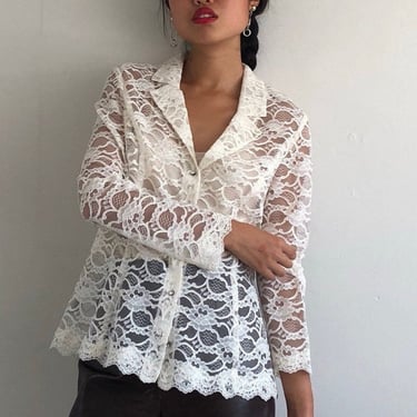 90s lace blouse / vintage milk white sheer lace see through scalloped blazer blouse | Medium 