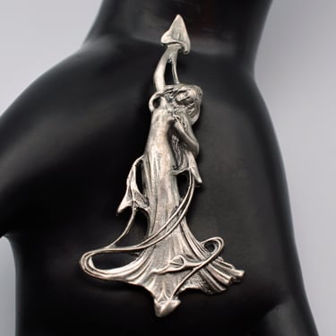 70's Hudson pewter Art Nouveau lily fairy pin pendant, elegant romantic fine pewter floral woman brooch 