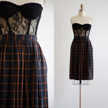 black plaid skirt 80s 90s vintage Neiman Marcus black burnt orange grid pattern silk skirt 