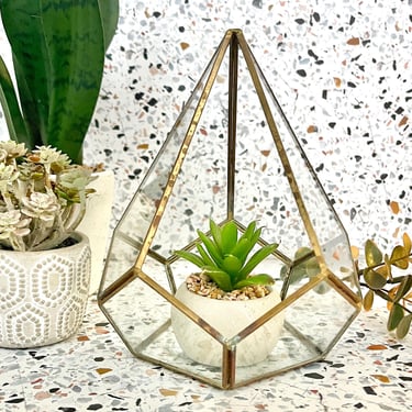 Glass and Brass Terrarium, Geometric, Table Top Display, Candle Holder, Boho Vintage 70s 