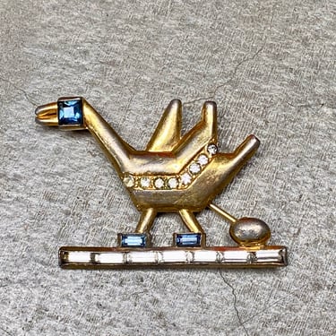 Vintage 1950s Modernist Brooch, The Goose That Laid the Golden Egg, Mid-Century Gold Tone Metal and Rhinestones Bird Pin, VFG 