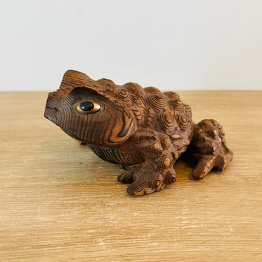 Vintage Toad Sculpture Sugi Cryptomeria Carved Wood Toad Made in Japan 