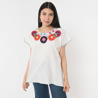 Mexican Floral Blouse 90s White Embroidered Top Peasant Hippie Short Sleeve Folk Shirt Summer Boho Vintage 1990s Medium M 