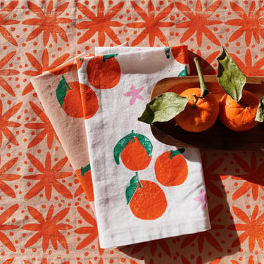 linen dinner napkins. white tangerines. hand block printed. placemats / tea towel. coastal. boho decor. hostess gifting. 
