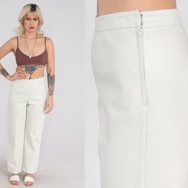 White Leather Pants Y2k High Waisted Rise Pants Straight Leg Trousers Retro Basic Rocker Festival Newport News Vintage 00s Small S 28 