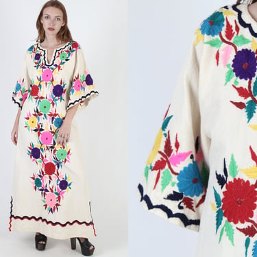 Vintage Mexican Embroidered Dress / Bright Floral Bell Sleeve Caftan / Ivory Woven Cotton Dress / Womens Traditional Fiesta Maxi Dress 