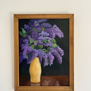 Vintage Still Life Painting Purple Lilac Flowers Acrylic on Board Original Signed Framed Art 