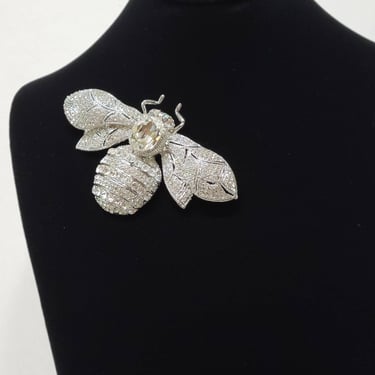 Large Crystal Rhinestone and Silver Bee Brooch - Coat Pin 