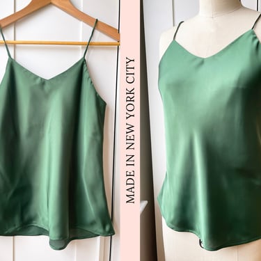 MADE IN NYC bias cut camisole top, V Neck Cami Top, satin cami top, tank top, summer tank, summer cami, cami top, slip on top - Green 