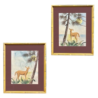 Deer Scenic Watercolor on Paper Signed by Shirrell Graves in Bamboo Frame, Pair 