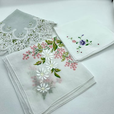 Bundle of three Embroidered Floral Handkerchiefs Tea Towels Napkins 