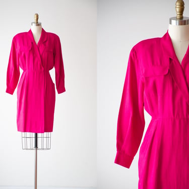 pink silk dress | 80s vintage hot pink long sleeve mini wrap dress 