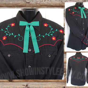 Vintage Western Men's Cowboy and Rodeo Shirt by Wrangler, Rockabilly, Black with Embroidered Flowers, Approx. Large (see meas. below) 