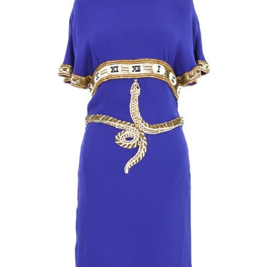 1990s Karl Lagerfeld Embellished Snake Applique Blue Silk Dress