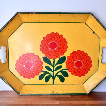 Large Vintage Metal Floral Decorative Tray. Shabby Chic Yellow Tray with Bright Pink Zinnia Flowers. 