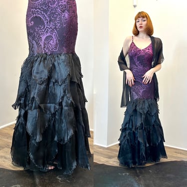 Vintage 2000s Dress / Y2K Diane Freis Ombré Silk Mermaid Gown / Purple Black ( S M ) 