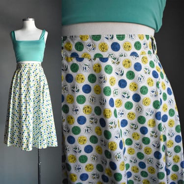 Vintage 1950s Cotton Circle Skirt / Medallion Print Mid Century Skirt / Full 1950s Cotton Skirt with Belt Loops / True Vintage Skirt 26 