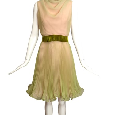 MISS ELLIETTE- 1960s Green Chiffon Pleat Dress, Size 6