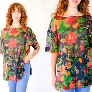 Vintage 80s Byblos for Capriccio Sheer Black Cotton Floral Botanical Boxy Fit Blouse | Made in Italy | 100% Cotton | 1980s Designer Boho Top 