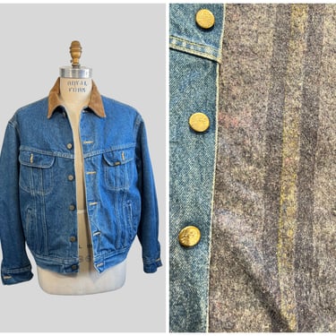 Vintage 1980's LEE Corduroy Collar Denim Jacket | Four Pockets Blanket Lined Trucker Jacket | Size Large 