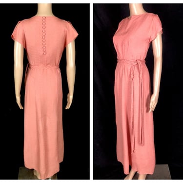Vintage 1930's Dusty Pink Rayon Plissé Geometric Deco Seam Gown w/ Matching Braided Belt Sash - size XS Extra Small 