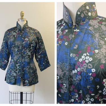 Vintage 40s Silk Mandarin Asian Collar Blue Coat Jacket peplum  // Modern Size US 2 4 6 xs Small 