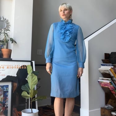 VTG 60s Blue Ruffle Wiggle Dress 