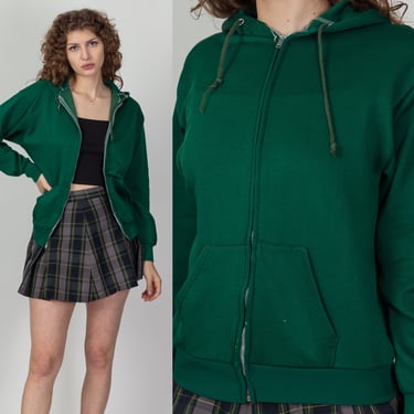 70s 80s Forest Green Hoodie - Men's Small, Women's Medium | Vintage Plain Zip Up Hooded Sweatshirt 