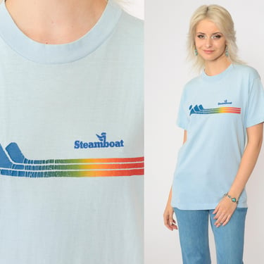 Vintage Steamboat Colorado T Shirt 80s Graphic Tee Single Stitch Ski Resort TShirt Mountain Paper Thin Retro 1980s Baby Blue Small 