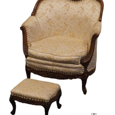 VINTAGE ANTIQUE Traditional Victorian Style Accent Chair w. Ottoman in White Embossed Satin Upholstery w. Nailhead Trim 