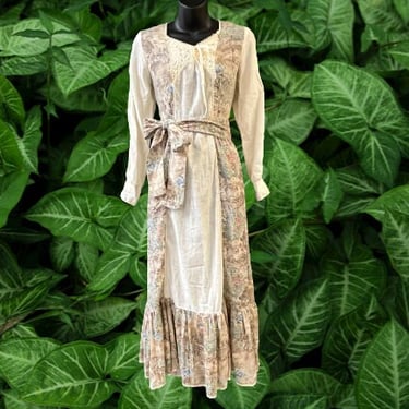 vintage prairie dress 1970s pastoral romance floral lace maxi boho wedding gown medium 