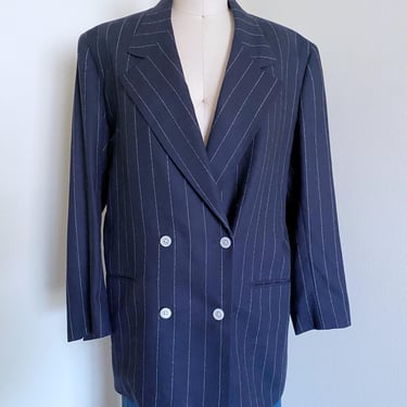 Vintage 90's Navy Wool Striped Blazer, Classic and Minimal 