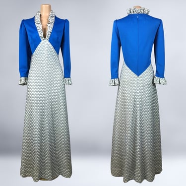 VINTAGE 70s Unique Blue and White Textured Maxi Dress L/XL | 1970s Long Sleeve Hostess Disco Dress | VFG 