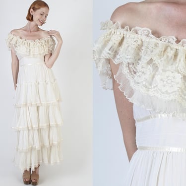 Off The Shoulder 70s Gunne Sax Dress, Cream Gauze Prairiecore Gown, Tiered Boho Bridal Maxi Dress 