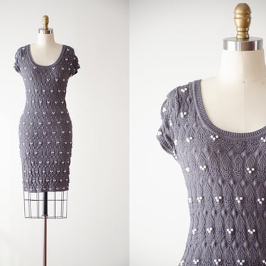 short knit dress | 90s y2k vintage Yoana Baraschi gray beaded tight stretchy crochet knit bodycon mini dress 