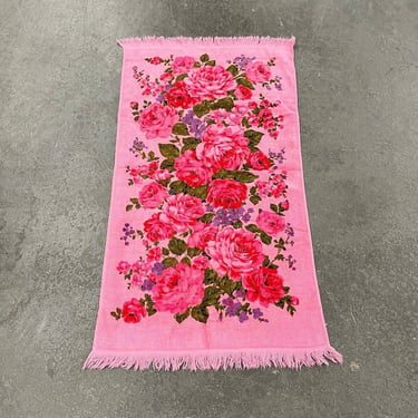 Vintage Cotton Bath Towel Fieldcrest Bathroom Decor Pink Roses Mid-Century, Check Engine Vintage