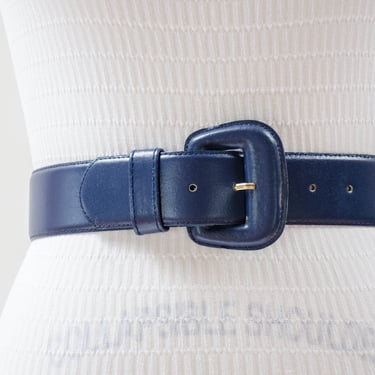 navy leather belt | 90s vintage dark blue academia style leather statement belt 